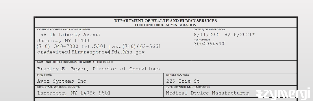 FDANews 483 Avox Systems Inc Aug 16 2021 top