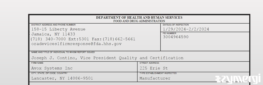 FDANews 483 Avox Systems Inc Feb 2 2024 top