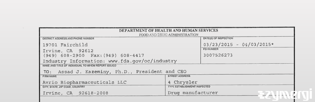 FDANews 483 Avrio Biopharmaceuticals LLC Apr 3 2015 top