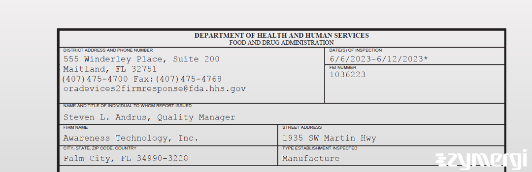 FDANews 483 Awareness Technology, Inc. Jun 12 2023 top