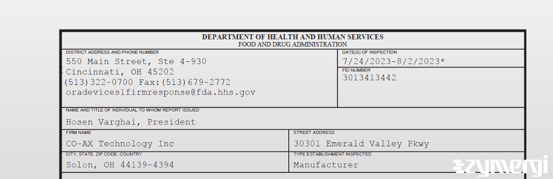 FDANews 483 CO-AX Technology Inc Aug 2 2023 top