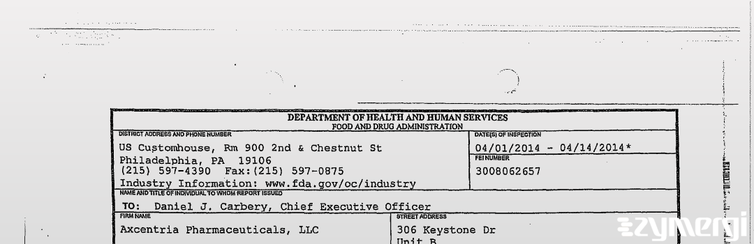 FDANews 483 Axcentria Pharmaceuticals LLC Apr 14 2014 top