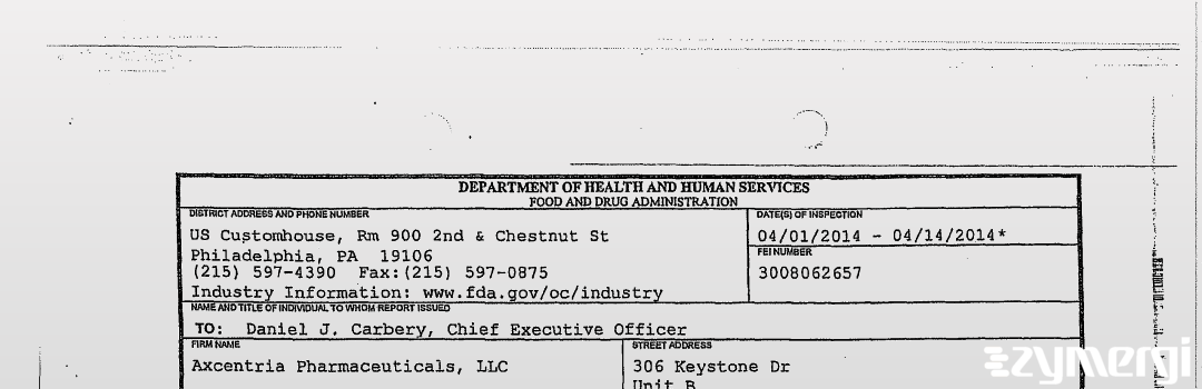 FDANews 483 Axcentria Pharmaceuticals LLC Apr 14 2014 top