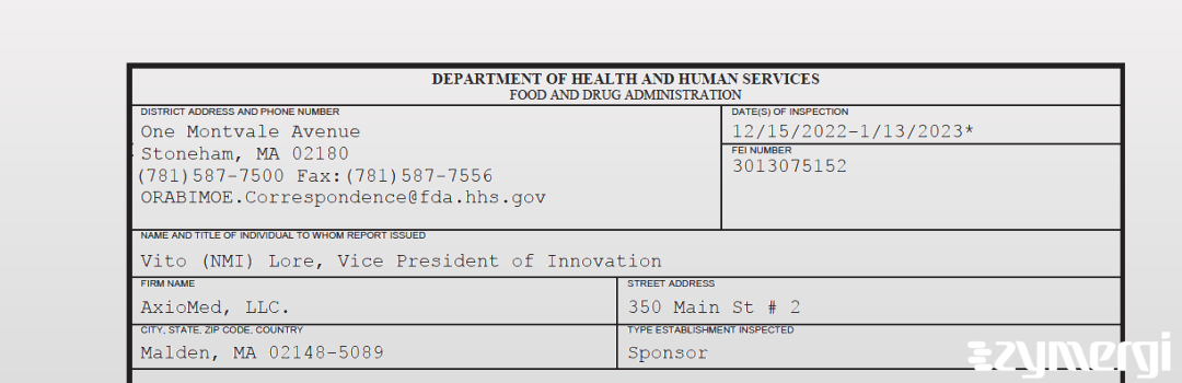 FDANews 483 AxioMed, LLC. Jan 13 2023 top