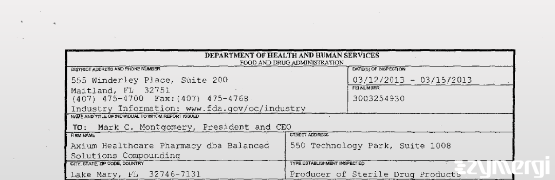 FDANews 483 Axium Healthcare Pharmacy dba Balanced Solutions Compounding Mar 15 2013 top