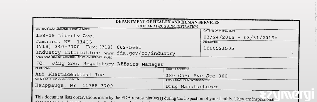 FDANews 483 A&Z Pharmaceutical Inc Mar 31 2015 top