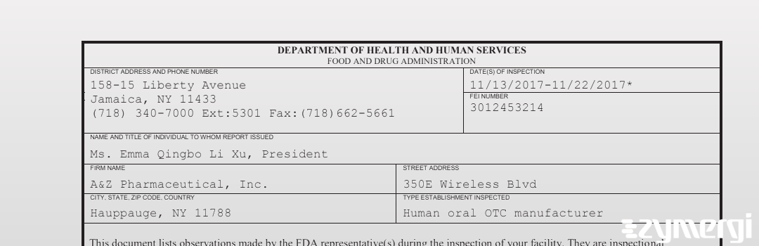 FDANews 483 A&Z Pharmaceutical Inc Nov 22 2017 top