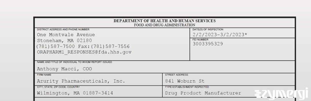 FDANews 483 Azurity Pharmaceuticals, Inc. Mar 2 2023 top