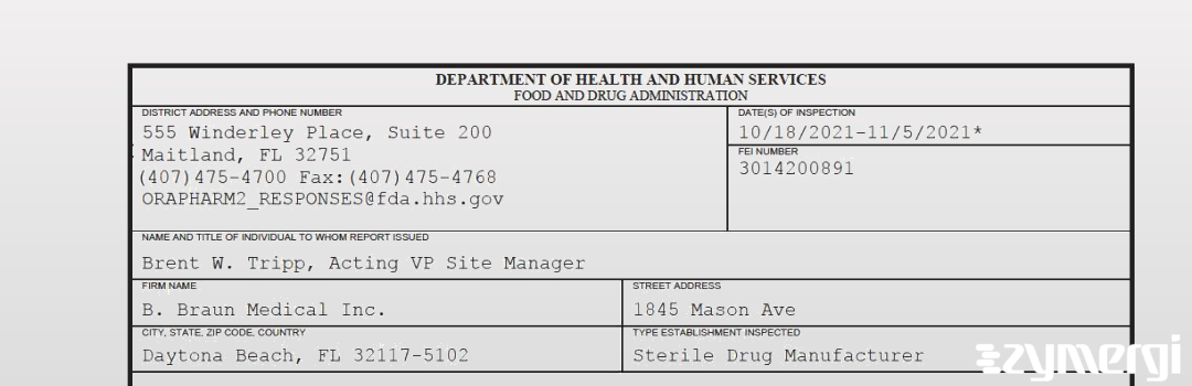 FDANews 483 B. Braun Medical Inc. Nov 5 2021 top