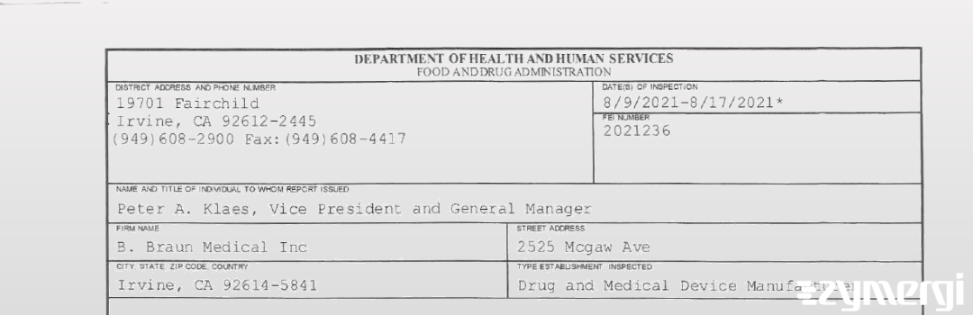 FDANews 483 B. Braun Medical Inc. Aug 17 2021 top