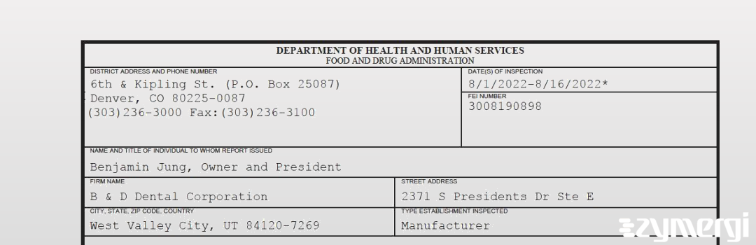 FDANews 483 B & D Dental Corporation Aug 16 2022 top