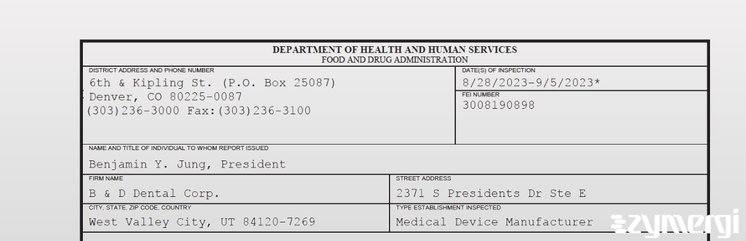 FDANews 483 B & D Dental Corp. Sep 5 2023 top