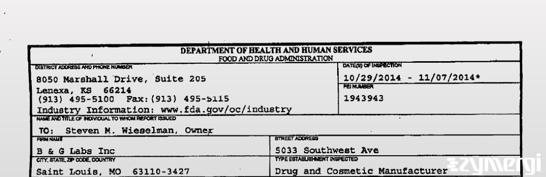 FDANews 483 B & G Labs, Inc Nov 7 2014 top