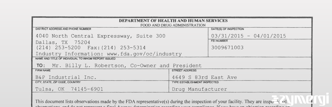 FDANews 483 B & P Industrial Inc. Apr 1 2015 top