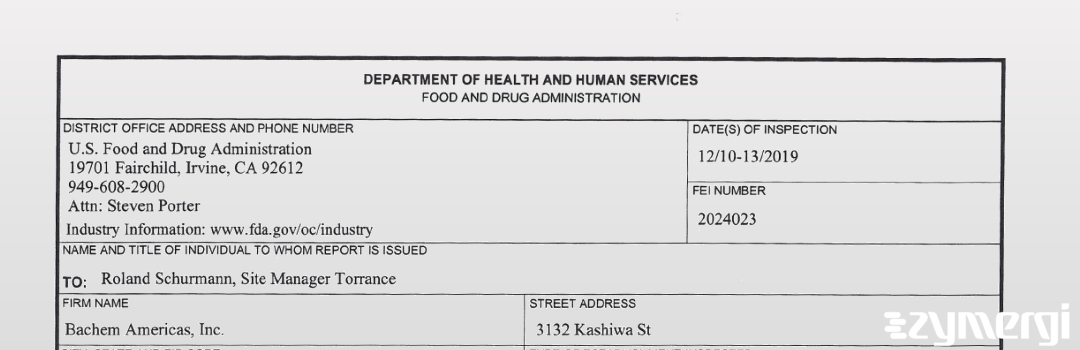 FDANews 483 Bachem Americas, Inc. Dec 13 2019 top