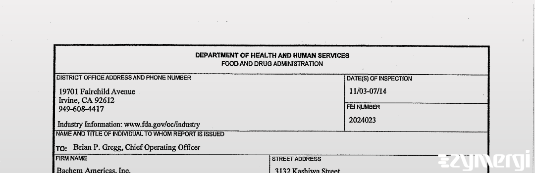 FDANews 483 Bachem Americas, Inc. Nov 7 2014 top