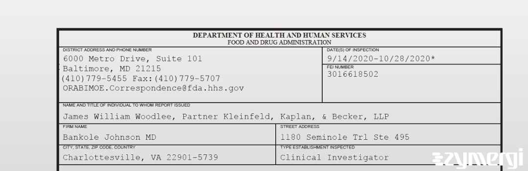 FDANews 483 Bankole Johnson MD Oct 28 2020 top