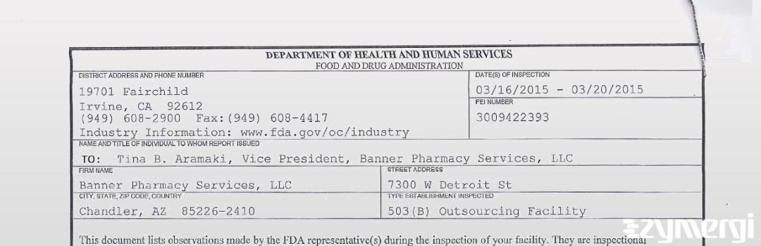 FDANews 483 Banner Pharmacy Services, LLC Mar 20 2015 top