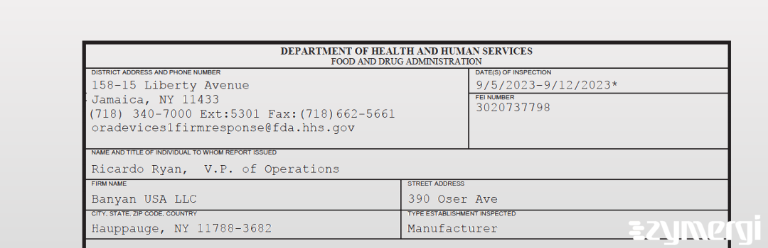 FDANews 483 Banyan USA LLC Sep 12 2023 top