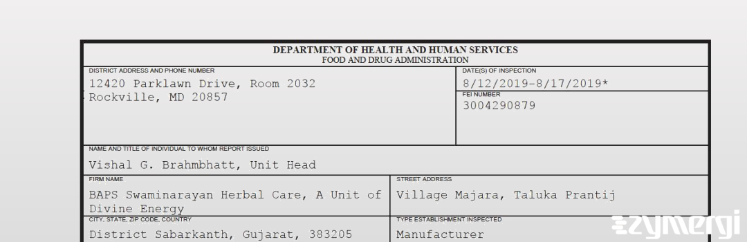 FDANews 483 BAPS Swaminarayan Herbal Care, A Unit of Divine Energy Aug 17 2019 top