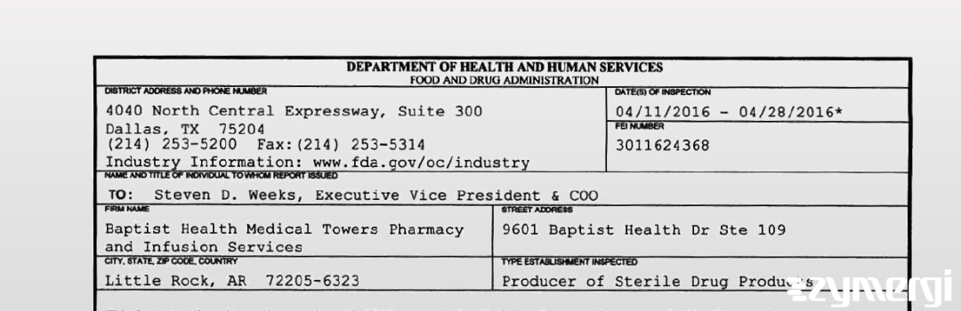 FDANews 483 Baptist Health Medical Towers Pharmacy and Infusion Services Apr 28 2016 top