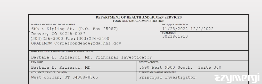 FDANews 483 Barbara E. Rizzardi, MD Dec 2 2022 top