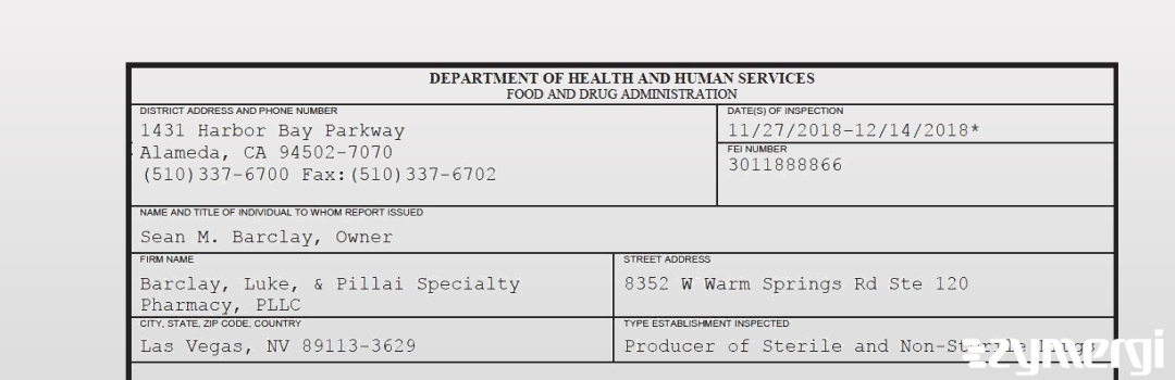 FDANews 483 Barclay, Luke, & Pillai Specialty Pharmacy, PLLC Dec 14 2018 top