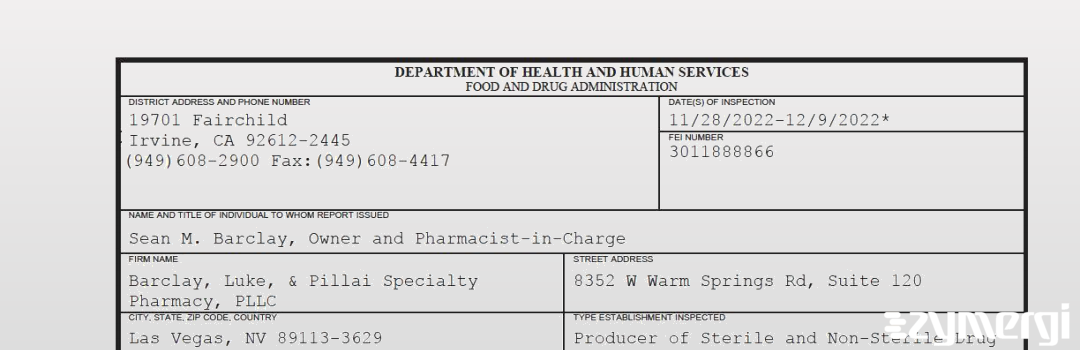 FDANews 483 Barclay, Luke, & Pillai Specialty Pharmacy, PLLC Dec 9 2022 top