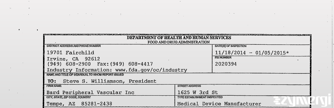 FDANews 483 Bard Peripheral Vascular Inc Jan 5 2015 top