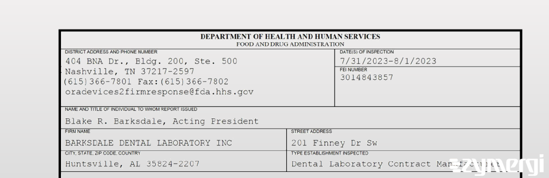 FDANews 483 BARKSDALE DENTAL LABORATORY INC Aug 1 2023 top