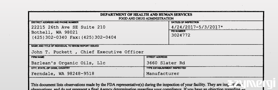 FDANews 483 Barlean's Organic Oils LLC May 3 2017 top