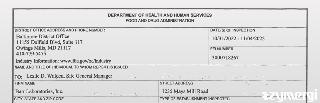 FDANews 483 Barr Laboratories Inc. Nov 4 2022 top