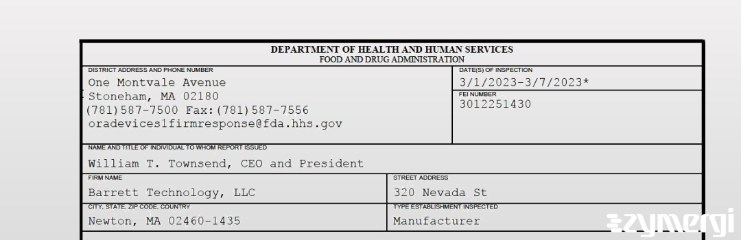 FDANews 483 Barrett Technology, LLC Mar 7 2023 top