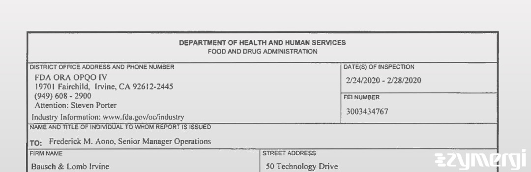 FDANews 483 Bausch & Lomb Incorporated Feb 28 2020 top