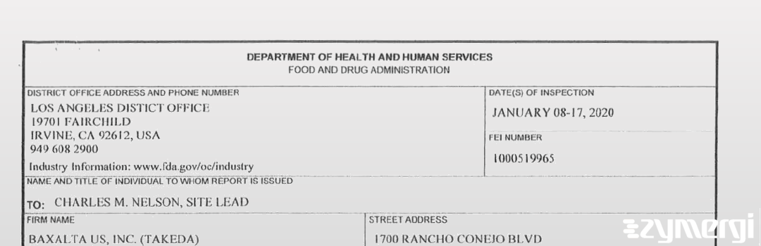 FDANews 483 Baxalta US Inc. Jan 17 2020 top