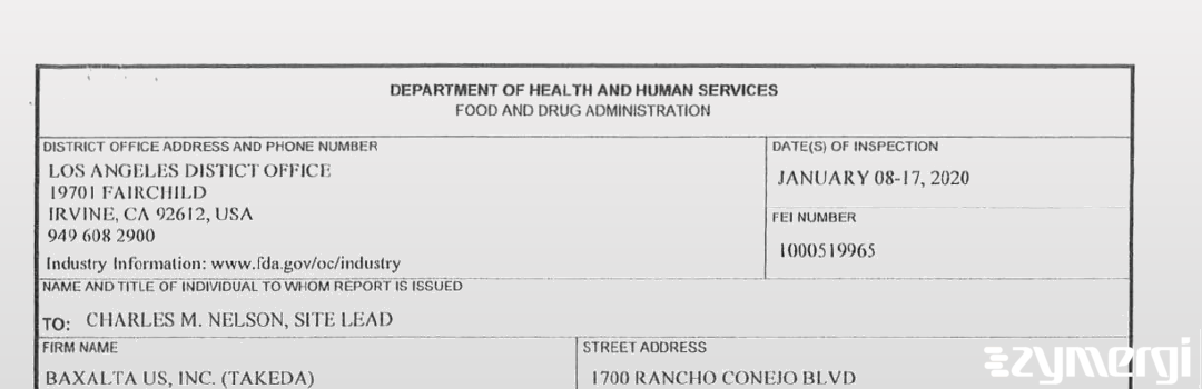 FDANews 483 Baxalta US Inc. Jan 17 2020 top