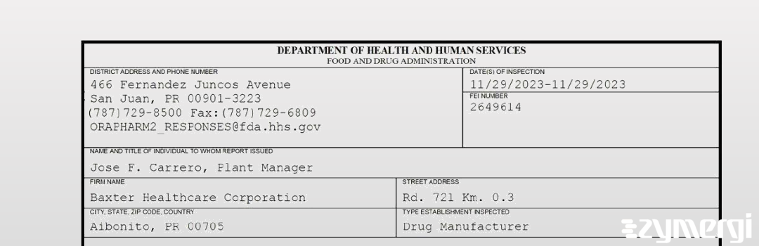 FDANews 483 Baxter Healthcare Corporation Nov 29 2023 top