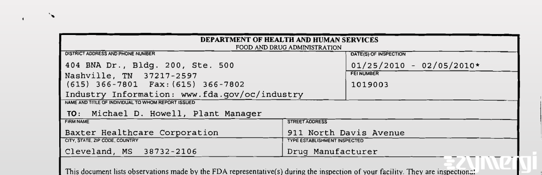 FDANews 483 Baxter Healthcare Corporation Feb 5 2010 top