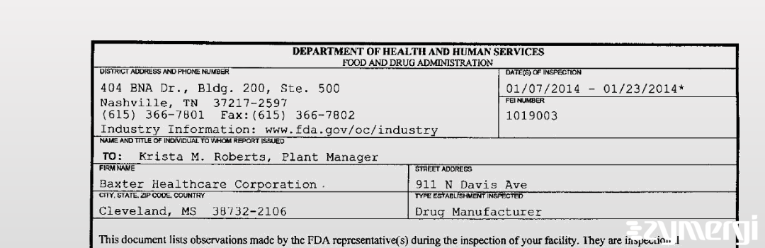 FDANews 483 Baxter Healthcare Corporation Jan 23 2014 top