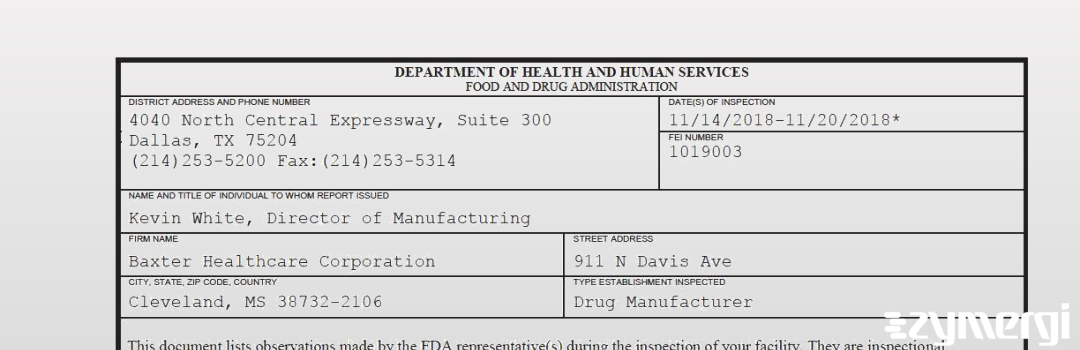 FDANews 483 Baxter Healthcare Corporation Nov 20 2018 top