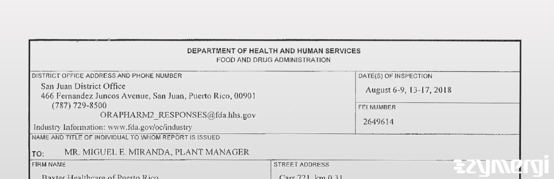 FDANews 483 Baxter Healthcare S.A. /dba Baxter Healthcare of Puerto Rico Aug 17 2018 top