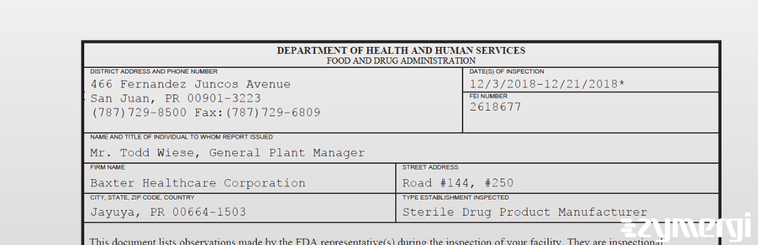 FDANews 483 Baxter Healthcare Corporation Dec 21 2018 top