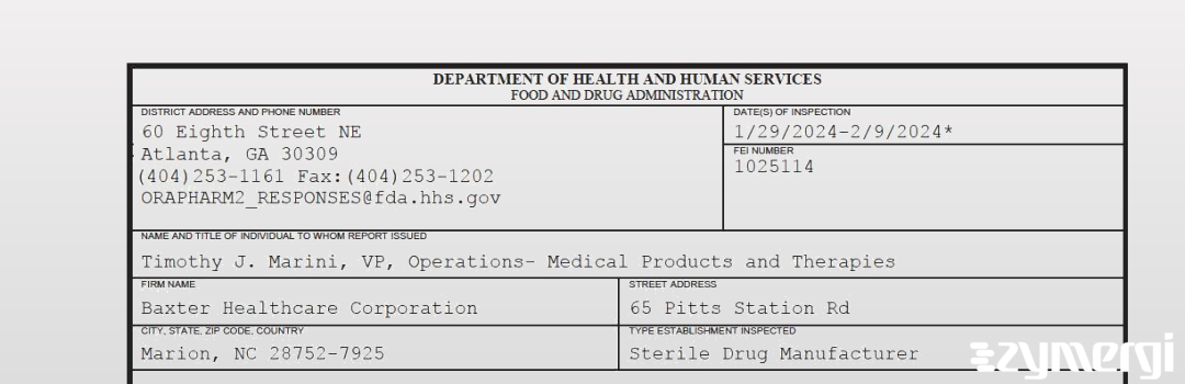 FDANews 483 Baxter Healthcare Corporation Feb 9 2024 top