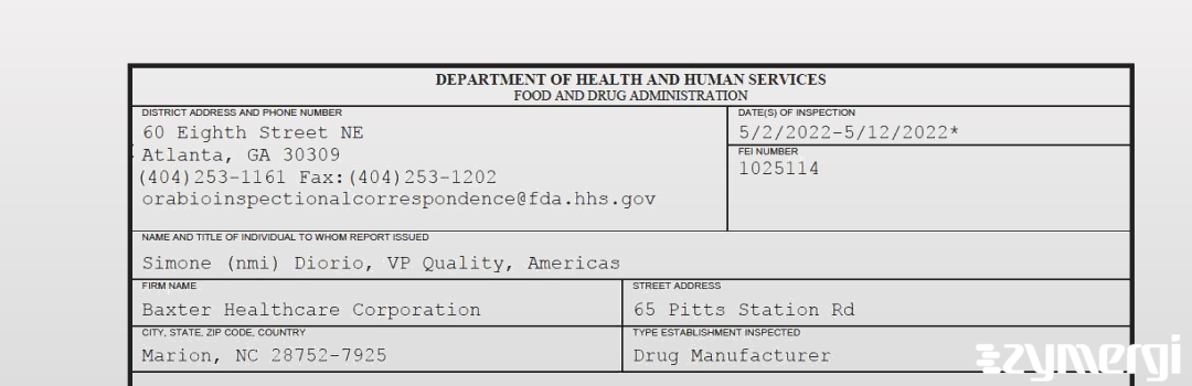 FDANews 483 Baxter Healthcare Corporation May 12 2022 top