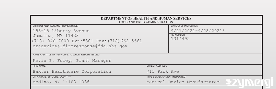 FDANews 483 Baxter Healthcare Corporation Sep 28 2021 top