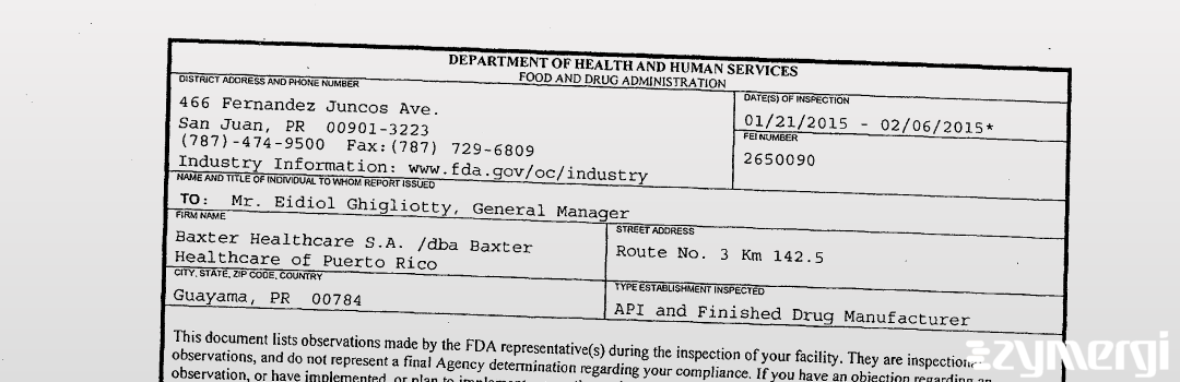 FDANews 483 Baxter Healthcare S.A. /dba Baxter Healthcare of Puerto Rico Feb 6 2015 top