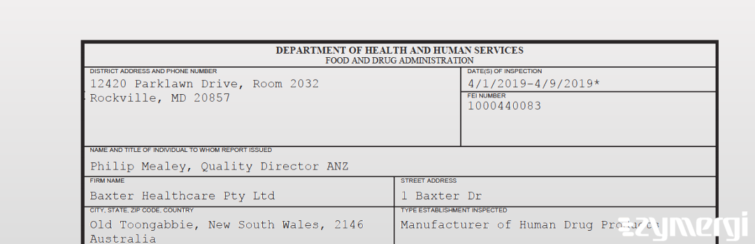 FDANews 483 Baxter Healthcare Pty Ltd Apr 9 2019 top