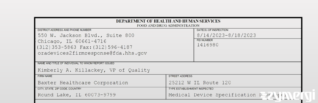 FDANews 483 Baxter Healthcare Corporation Aug 18 2023 top