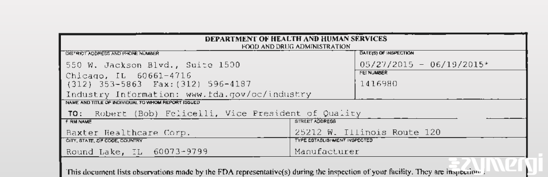 FDANews 483 Baxter Healthcare Corp Jun 19 2015 top