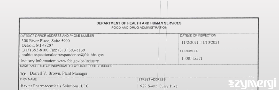 FDANews 483 Baxter Pharmaceutical Solutions, LLC Nov 10 2021 top